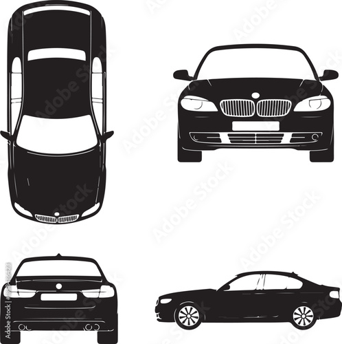 black car silhouettes in different views isolated on white background