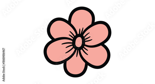 A simple cartoon drawing of a pink flower with five petals and a thick black outline, isolated on a clean white background.