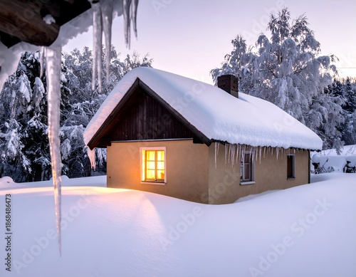 Small, snow-covered cottage with glowing window at dusk; icicles hang, snowy trees surround