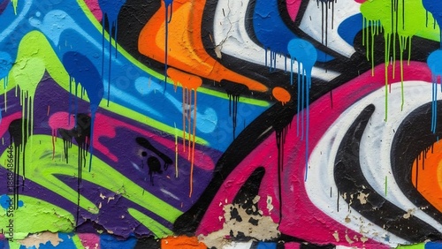 Vibrant graffiti art: dripping paint and bold colors on a textured urban wall