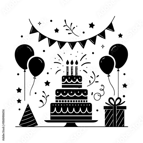 Celebratory birthday scene with cake and decorations