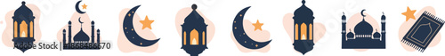 Ramadan Kareem Flat Icon Set with Crescent Moon, Mosque, Lantern, and Quran for Islamic Celebration Design