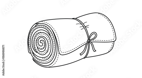 A simple black and white line art illustration of a rolled-up blanket or sleeping bag tied with a bow, ready for travel.