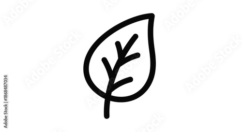 A minimalist and bold black line art icon of a simple leaf, representing nature, ecology, and organic concepts in a modern style.