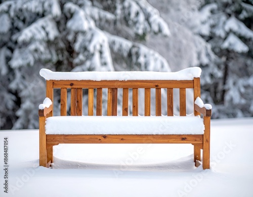 Wooden bench blanketed in snow, nestled amidst frosted evergreens, winter landscape