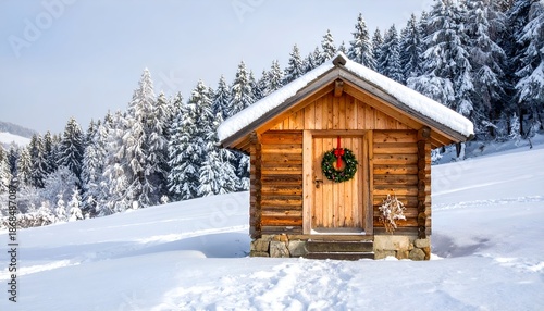 A snow-covered cabin with a wreath hangs, nestled amongst frosted pine trees