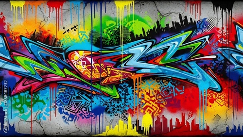 Vibrant graffiti art with drips and silhouetted cityscape on textured wall