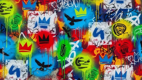 Vibrant graffiti art with spray-painted crowns and silhouetted birds on a textured wall
