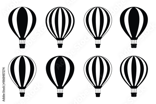 Silhouette of hot air balloons with striped pattern, minimalist sky scene