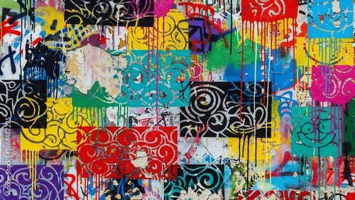 Vibrant graffiti collage: dripping paint, bold colors, and abstract urban art textures