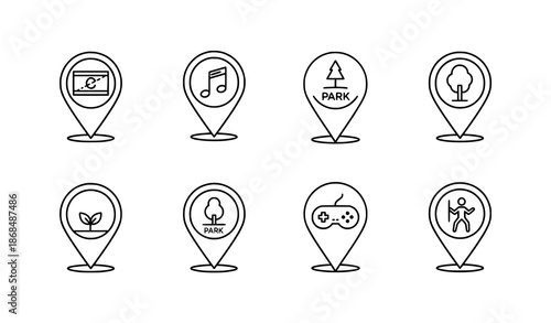Fun entertainment map pin markers cartoon vector set