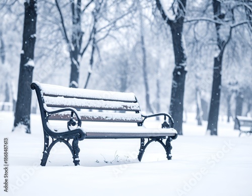 A snow-covered bench in a winter park with trees and falling snow