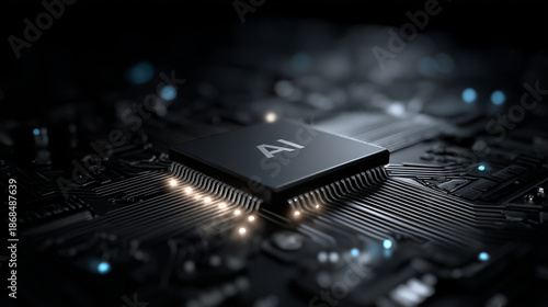 Futuristic AI processor on a circuit board with carbon fiber texture and glowing data