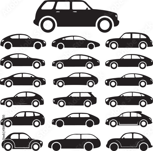 black silhouettes of various cars on white background
