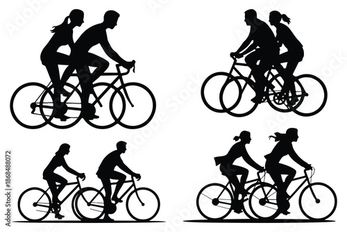 Four Groups of People Riding Bicycles Silhouette cycling