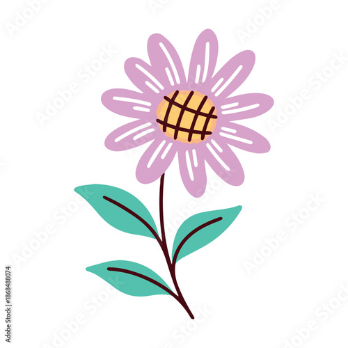 Single violet floral bloom with yellow center and green stem. Elegant plant for nature lovers, garden design, and spring seasonal greeting card backgrounds.