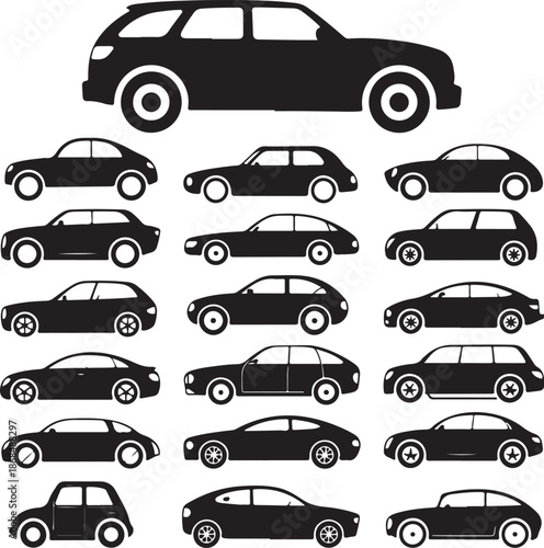black cars icons in different models and shapes