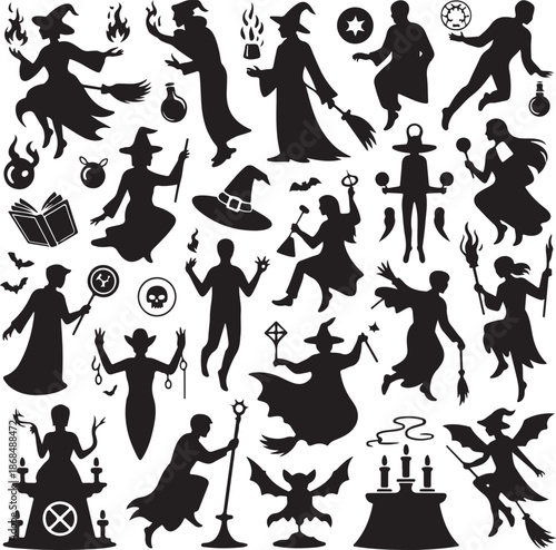 Black silhouettes of witches and magical objects on white background