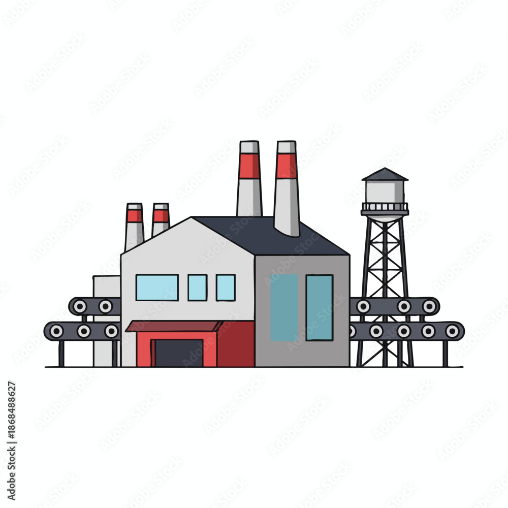 Fototapeta premium Industrial Factory Building with Conveyor Belts and Smokestacks