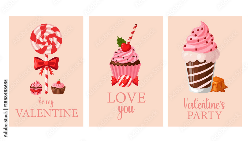 Fototapeta premium Set of Valentine's Day greeting cards with sweet treats, lollipop, cupcake, and chocolate mousse.