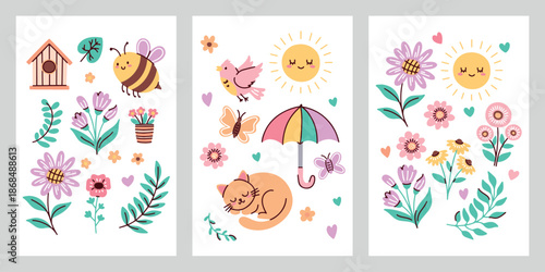 Set of vertical card designs with bee, butterfly, sun, and blooming garden flowers. Vibrant seasonal illustrations for spring advertising, posters, and festive greetings.