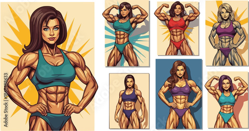 Collection of muscular women bodybuilders posing vector illustration set