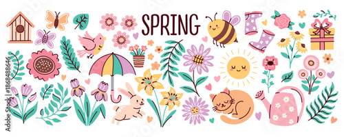 Big bundle of seasonal elements featuring butterflies bees birds and various plants. Perfect for nature themed decorations spring posters and garden projects