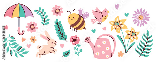 Collection of natural items including kitten bird umbrella and blossoming flowers. Ideal for creating seasonal cards invitations and children nursery decor.