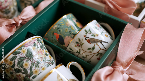 Mugs with various botanical patterns and delicate bird illustrations creating an elegant and luxurious gift set