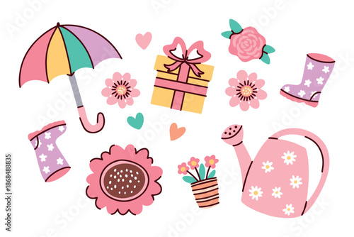 Sweet feminine collection featuring rose gift box pink boots and rainy day gear. Ideal for women's lifestyle blogs spring sales and romantic greetings.