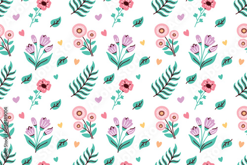 Endless floral background featuring bright poppies and various spring plants. Beautiful repeating texture for textile design, wrapping paper, or nature themed wallpaper