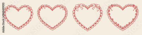 Red lace heart frames set with floral and bow details hand drawn romantic valentine decorative outline illustration on beige background