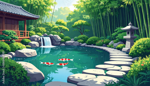 Zen koi pond with lantern walkway for luxury resort advertising. Japanese bamboo garden waterscape ideal for spa landing pages. Peaceful temple pond scene perfect for wellness branding assets