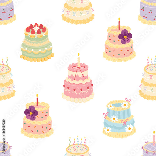 Seamless pattern with cute cakes for birthday celebration features colorful dessert, candles flowers and berries in doodle style for kids textiles packaging fabric, stationery. Textured pastel vector.