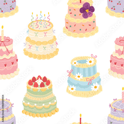 Seamless pattern with cute cakes for birthday celebration features colorful dessert, candles flowers and berries in doodle style for kids textiles packaging fabric, stationery. Textured pastel vector.