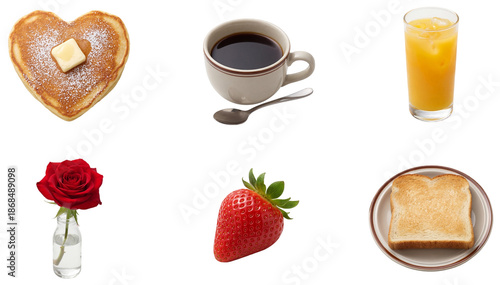 set of breakfast items including heart shaped pancake and red rose isolated on a transparent background © Flowal93