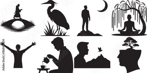 Silhouette collection peaceful mindful activities, nature, growth, and personal development.