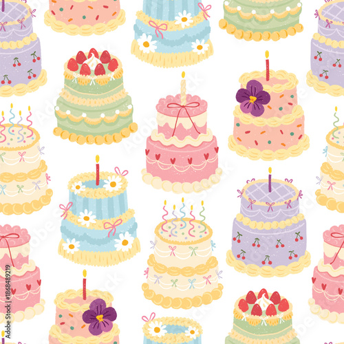 Seamless pattern with cute cakes for birthday celebration features colorful dessert, candles flowers and berries in doodle style for kids textiles packaging fabric, stationery. Textured pastel vector.