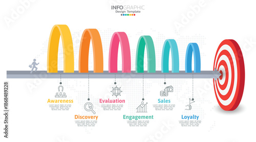 Sales funnel infographic template with 6 steps for marketing and startup business.