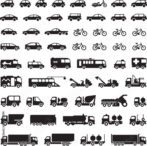 black silhouettes of various vehicles and bicycles on white background