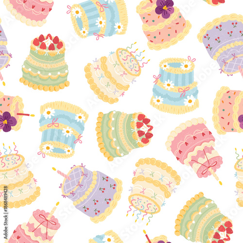 Seamless pattern with cute cakes for birthday celebration features colorful dessert, candles flowers and berries in doodle style for kids textiles packaging fabric, stationery. Textured pastel vector.