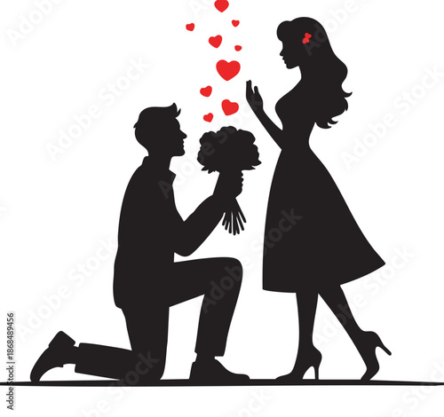 Romantic Marriage Proposal Silhouette - Man Proposing to Woman with Flowers and Hearts.
