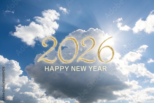 New year 2026 celebration with sparkling gold numbers in a bright blue daytime sky with white clouds with Happy New Year and blue sky and festive