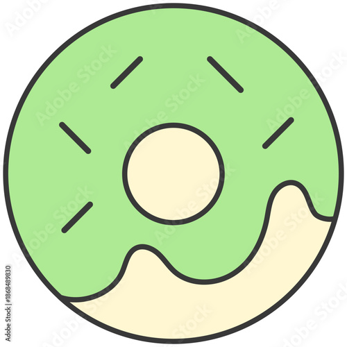 The illustration shows a green frosted donut with sprinkles on a white background