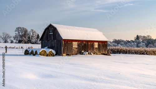 A weathered barn sits in a snow-covered field with hay bales and trees in winter