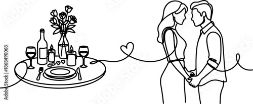 Continuous Line Art Romantic Dinner Couple Love Illustration