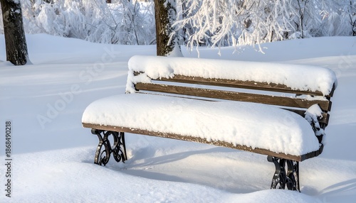 A snow-covered park bench rests in a winter landscape with frosted trees and sunlight
