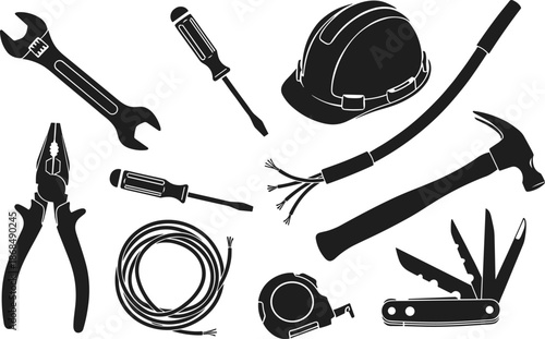 Tool silhouette set, wrench, screwdriver, pliers, hard hat, hammer, wire bundle, measuring tape, multi-tool knife, black vector icons