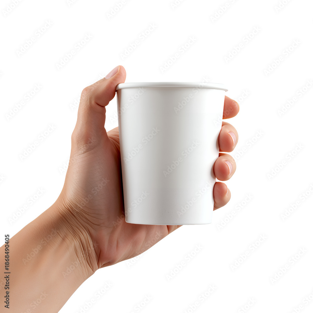 Obraz premium Isolated blank white coffee cup with black lid mockup in hand on transparent background for branding and packaging design