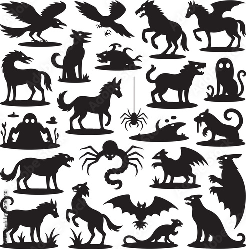 collection of black silhouettes of various fantasy creatures and animals